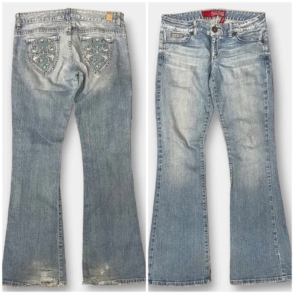 Guess Vintage Daredevil Flare Jeans Embroidery Size 29 - Picture 1 of 8